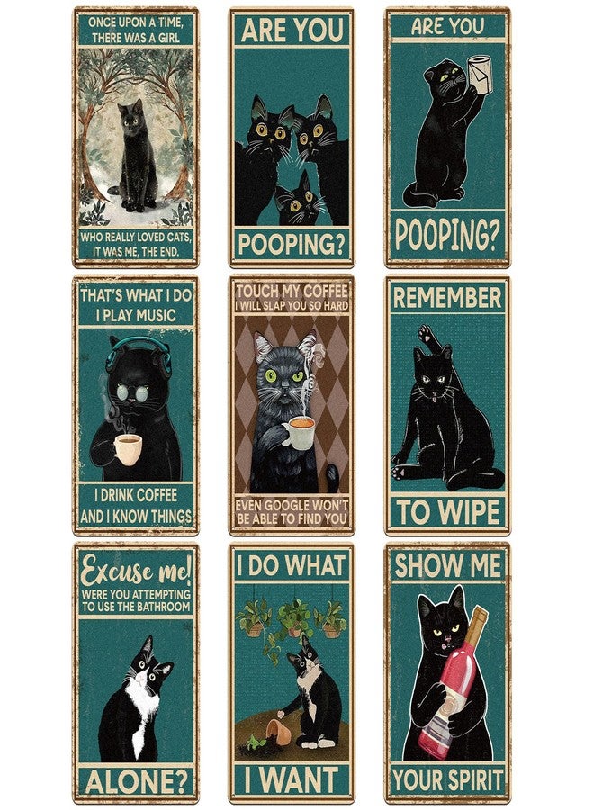Otoolling 9 Pcs Retro Tin Sign Vintage Black Cat Bathroom Wall Decor Funny Are You Pooping Signs Cat Lovers Gift for Restroom Toilet Bathroom Apartment Home Bar 8 x 12 Inches - Image 1